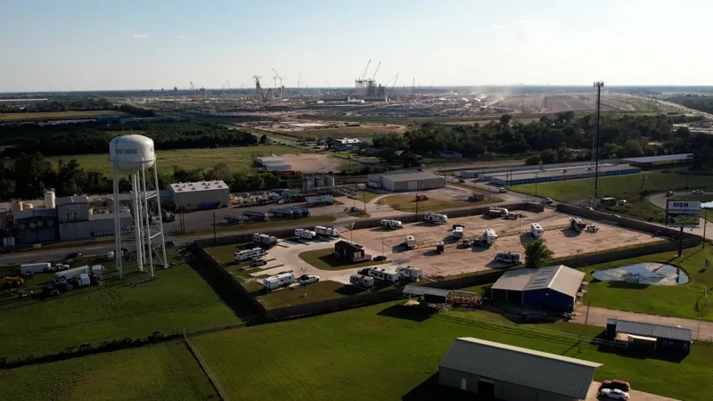 Aerial view of Water Tower RV Park and nearby Orange industrial area